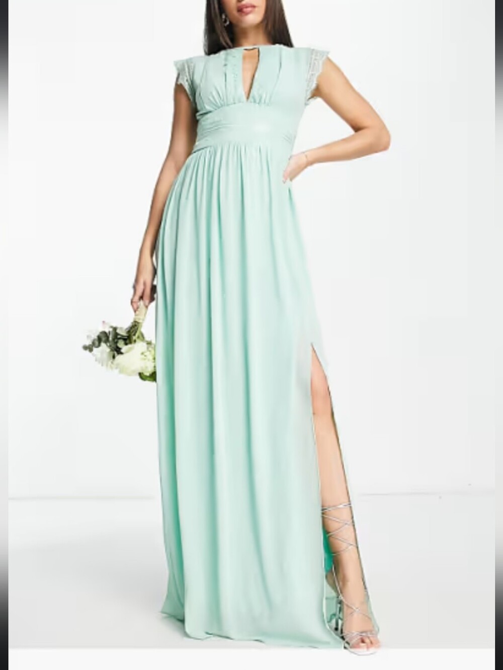 TFNC Bridesmaids chiffon maxi dress in sage green.